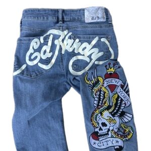 Ed Hardy Women’s 26 Flared Jeans New York City Spell Out Eagle Embroidery Y2K